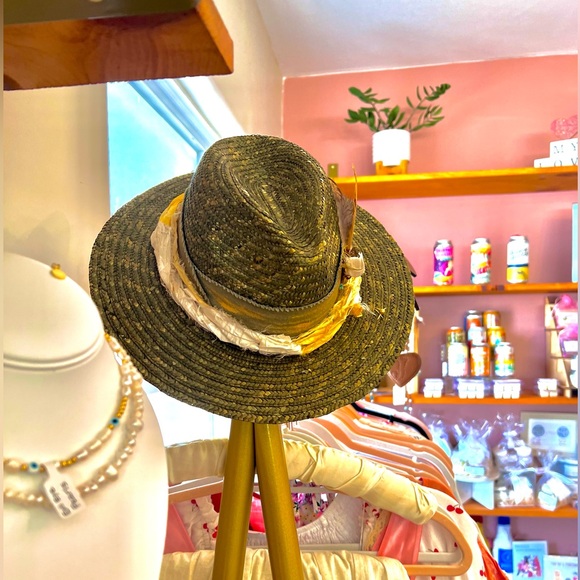 Custom-Made HandCrafted Beach Straw Fedora Hat with crystals, feathers, ribbons - Picture 2 of 8